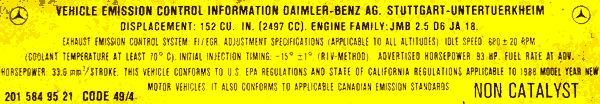 1988 Mercedes 190D California emissions