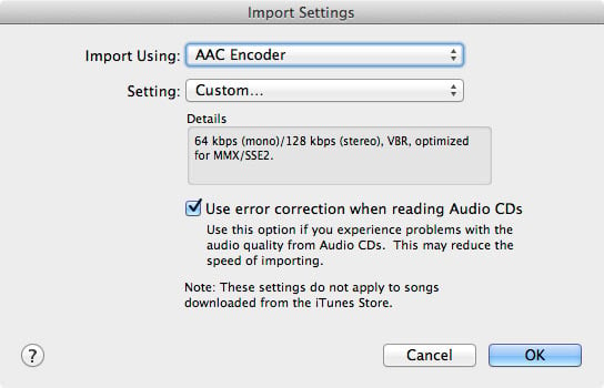 iTunes 11 Import CD options