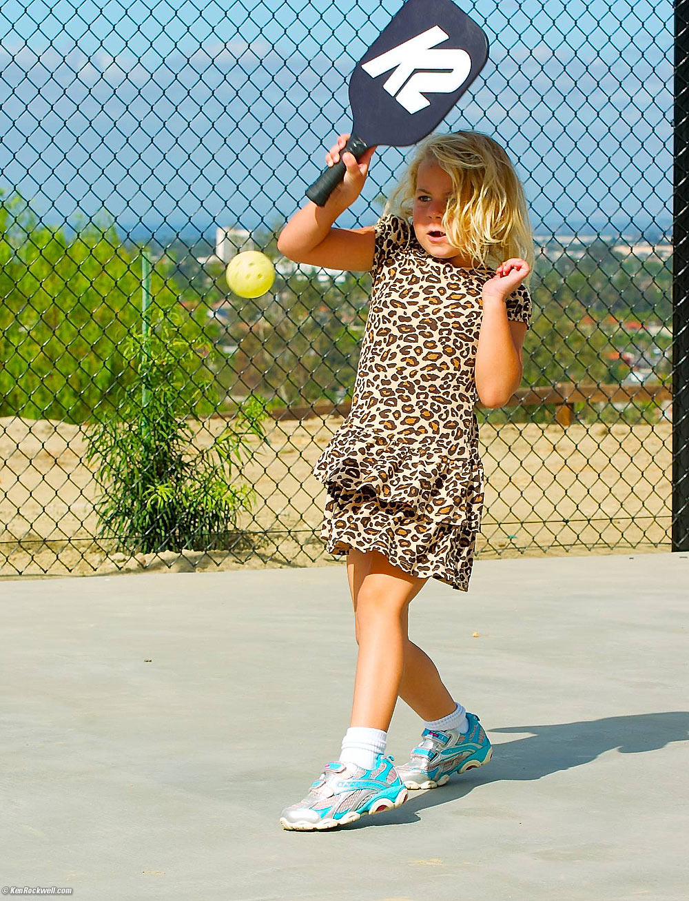 Katie tries out Noni's new pickleball court.