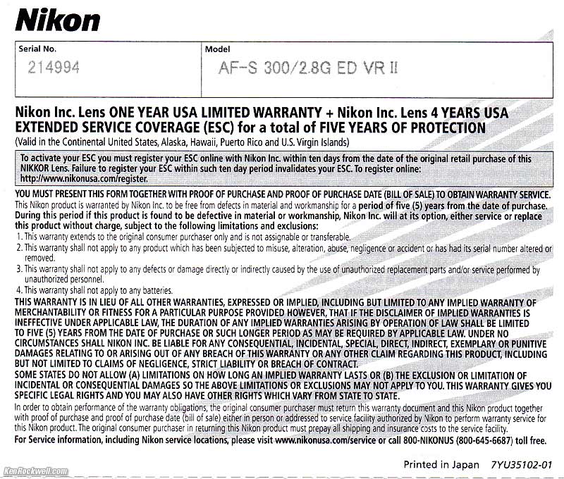 Nikon USA warranty card
