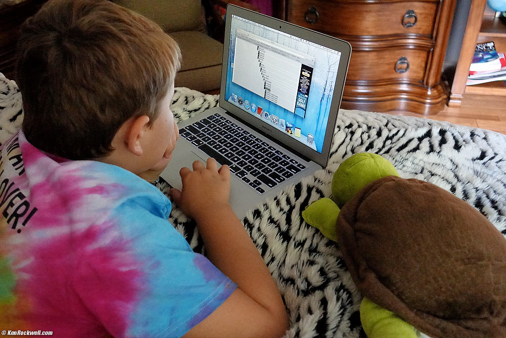 Ryan and Mr. Turtle play on his MacBook Air.