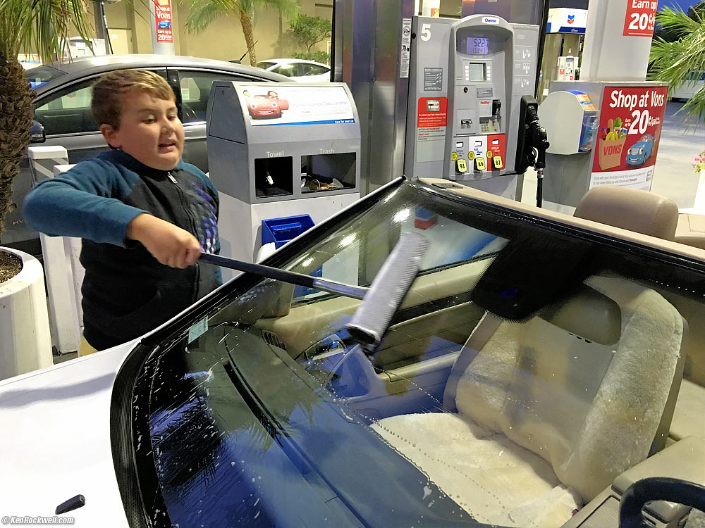Ryan cleans Dad's SL500 windshield