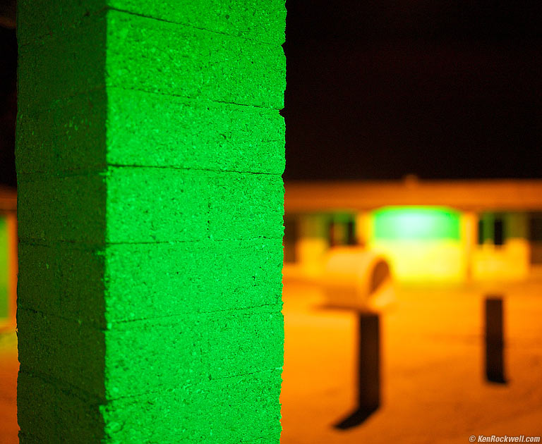 Green Pole, Green Motel, 10:10 PM. (Auto ISO 800, Auto 1/24, LEICA SUMMILUX-M 35mm f/1.4 ASPH hand-held at f/1.4.)