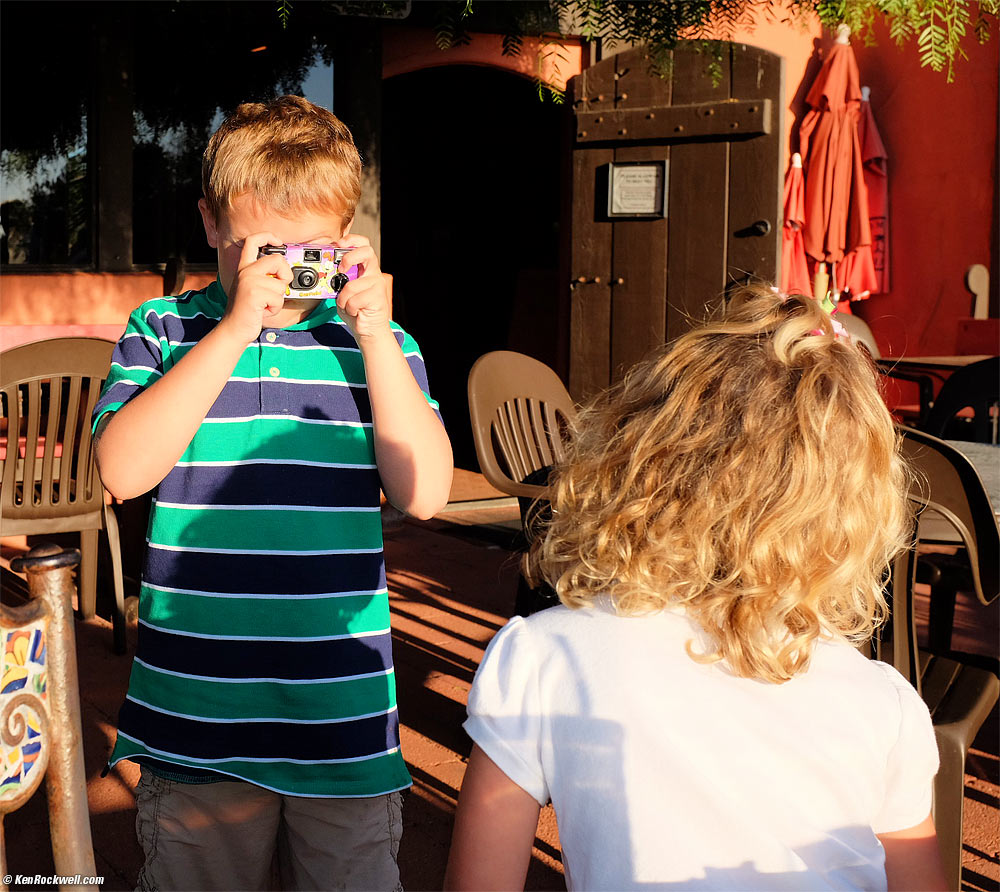 Ryan Snaps Katie with a Garfield Camera at El Chorlito Mexican Restaurant, San Simeon