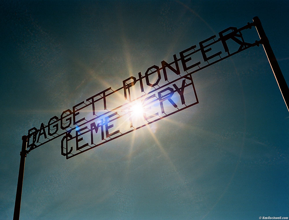 Daggett Pioneer Cemetery sign with sunstar