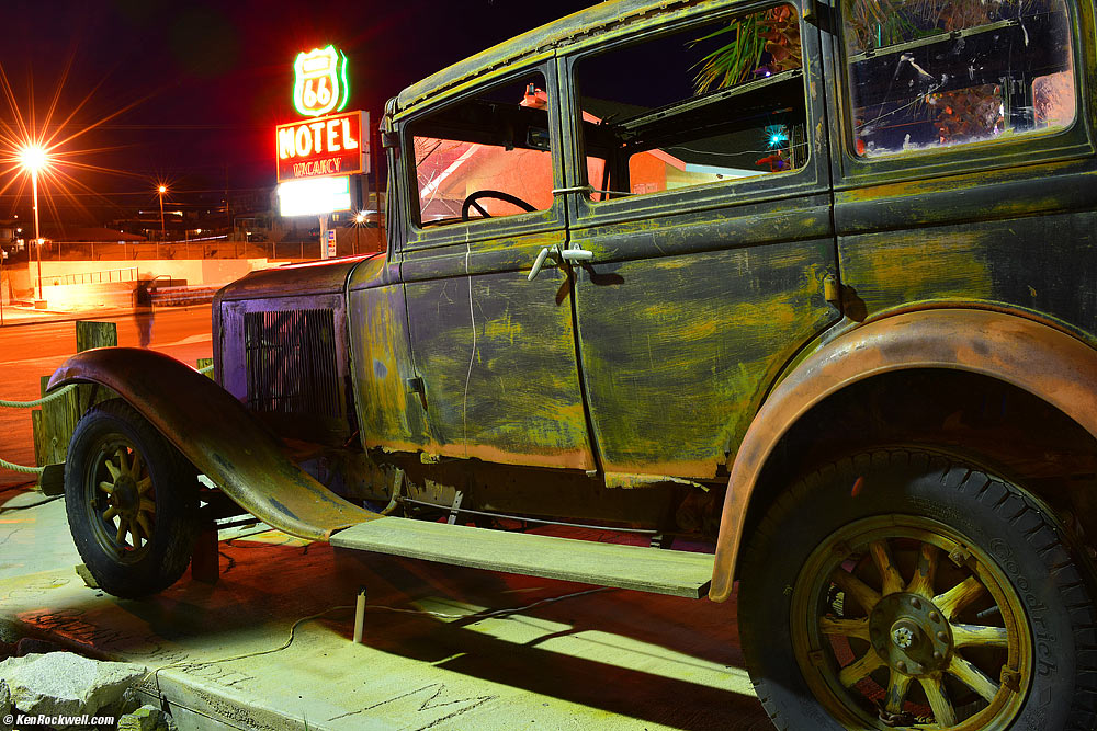 Colorful old car at night