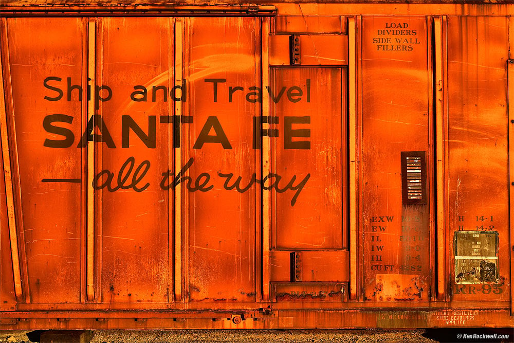 Retired Orange Santa Fe Railroad Car in Last Light