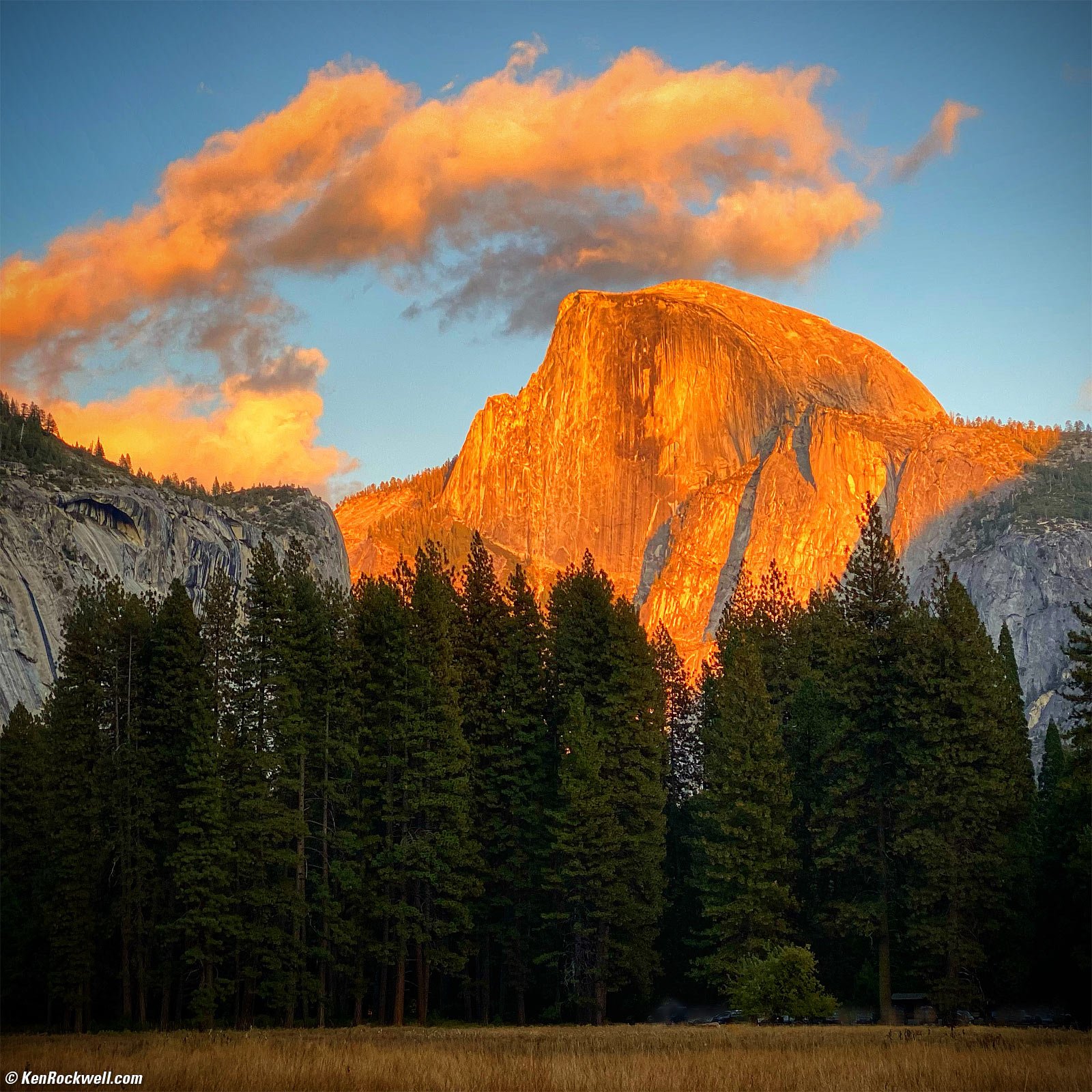 Half Dome in Clouds at Sunset
